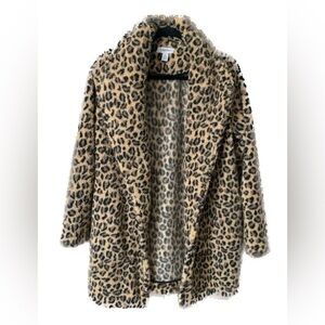 Calvin Klein Leopard Open Front Fleece Cardigan Sweater Coat